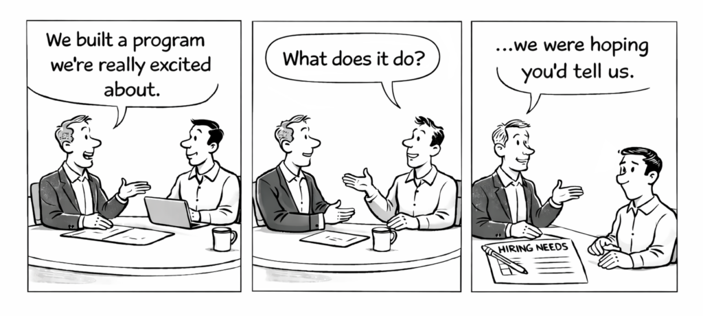 comic strip of a college official meeting with a business owner to discuss training programs