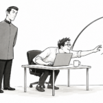 Black-and-white cartoon of an office worker reaching eagerly for a report dangling just out of reach while a stoic marketer watches.