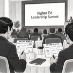 Two higher education professionals play “Brand Bingo” during a Higher Ed Leadership Summit, marking familiar terms such as innovative, transformative, student-centered, inclusive, and future-ready.