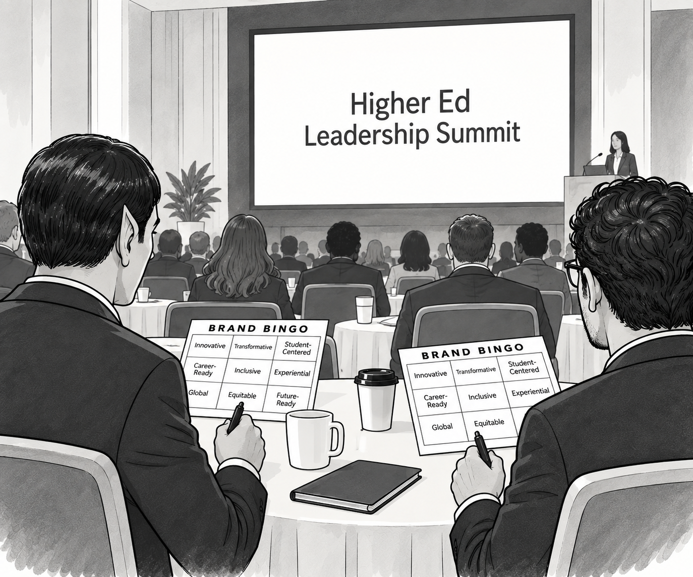 Two higher education professionals play “Brand Bingo” during a Higher Ed Leadership Summit, marking familiar terms such as innovative, transformative, student-centered, inclusive, and future-ready.