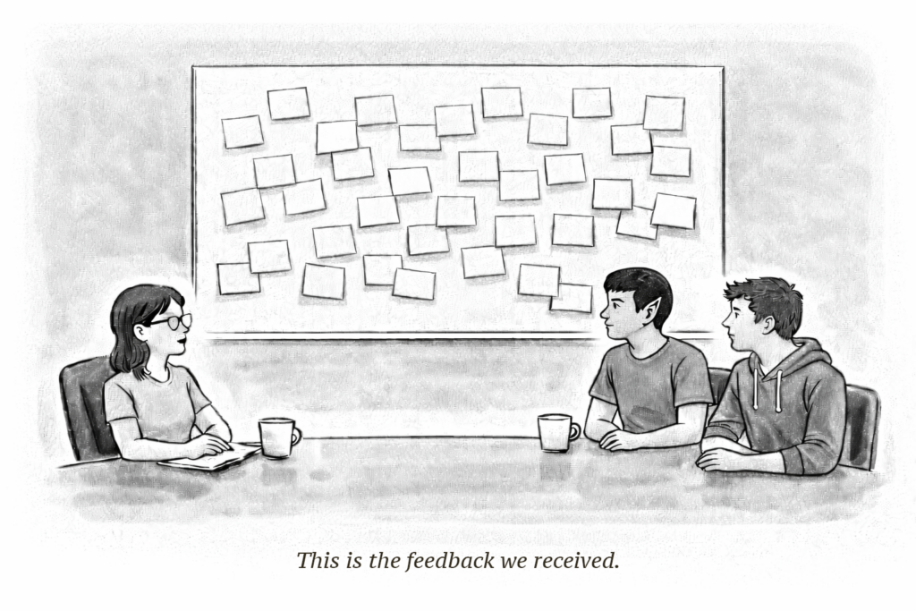 Illustration of whiteboard covered with blank sticky notes. Caption reads "this is the feedback we received."