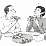 Black-and-white cartoon of two people enjoying pizza together, illustrating how the whole experience is greater than the sum of its individual ingredients.