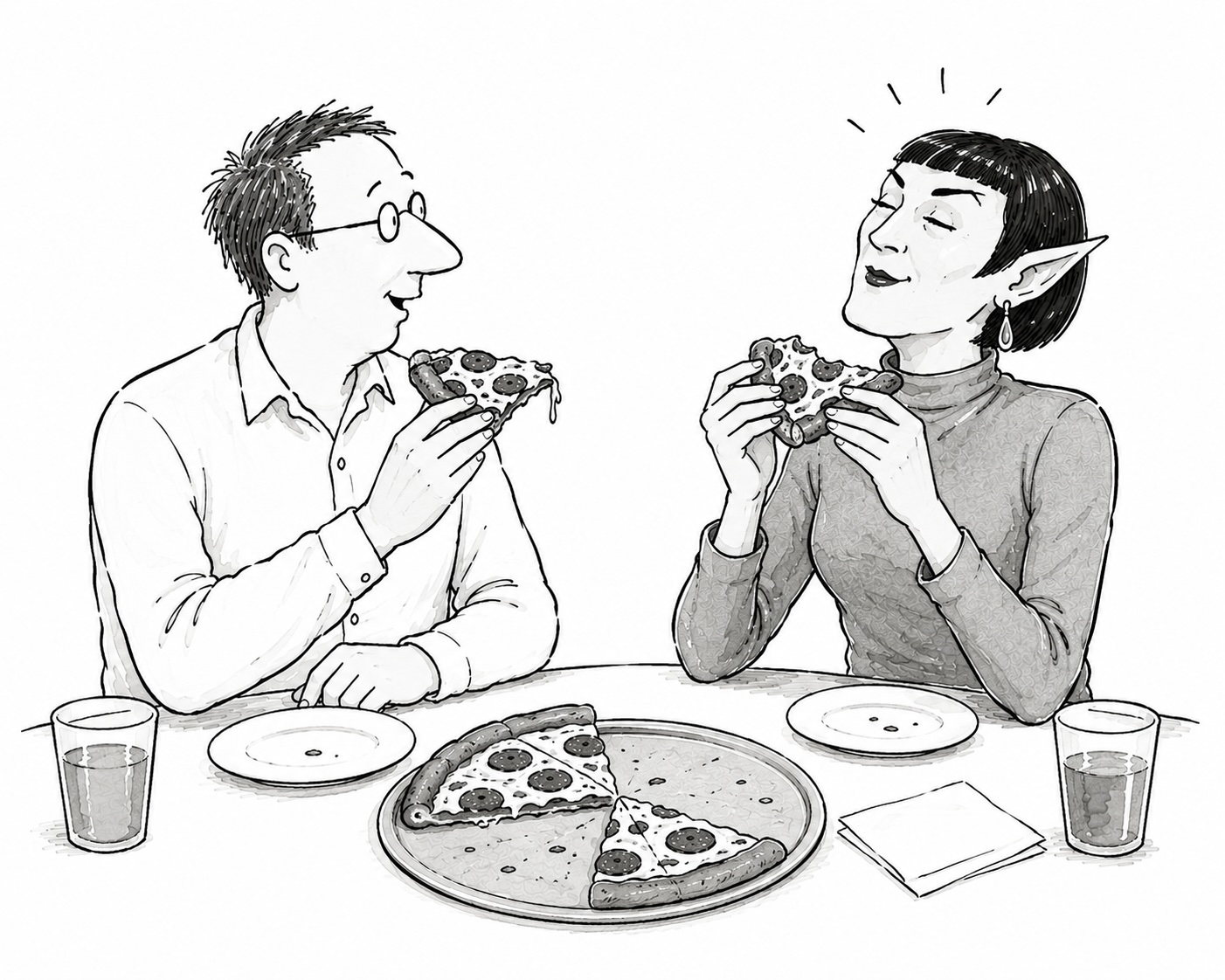 Black-and-white cartoon of two people enjoying pizza together, illustrating how the whole experience is greater than the sum of its individual ingredients.