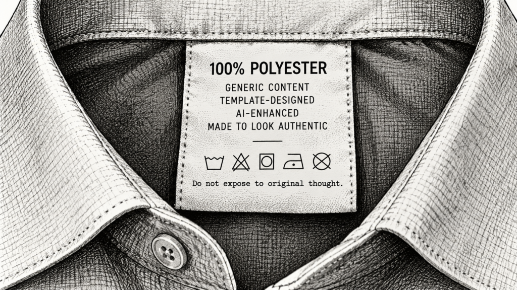 Black-and-white illustration of a shirt collar and clothing label reading “100% Polyester,” with descriptors including “Generic Content,” “Template-Designed,” “AI-Enhanced,” and “Made to Look Authentic.” The care instructions warn, “Do not expose to original thought.”