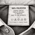 Black-and-white illustration of a shirt collar and clothing label reading “100% Polyester,” with descriptors including “Generic Content,” “Template-Designed,” “AI-Enhanced,” and “Made to Look Authentic.” The care instructions warn, “Do not expose to original thought.”