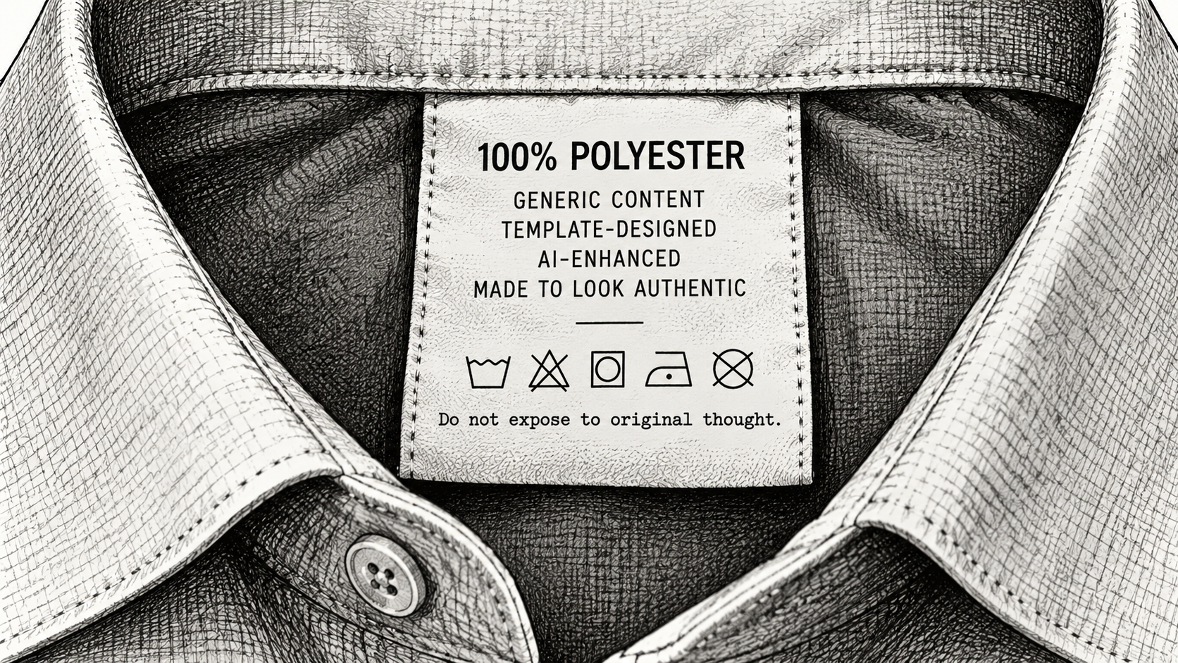 Black-and-white illustration of a shirt collar and clothing label reading “100% Polyester,” with descriptors including “Generic Content,” “Template-Designed,” “AI-Enhanced,” and “Made to Look Authentic.” The care instructions warn, “Do not expose to original thought.”