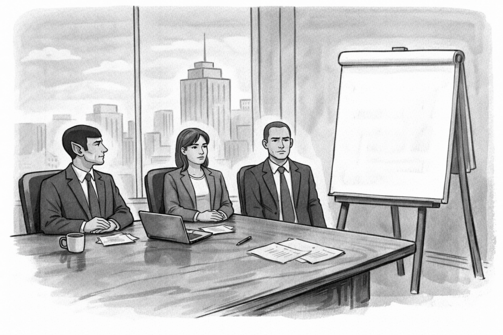 Black-and-white New Yorker–style cartoon illustrating a “sunsetting marketing” concept: three expressionless executives sit passively at a conference table while one person looks toward an empty flip chart, symbolizing the absence of marketing strategy and a shift toward ambiguity; city skyline visible through office windows.