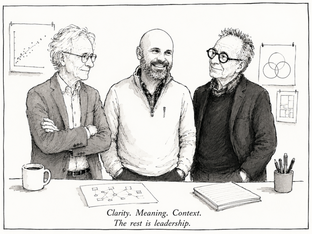 an illustration showing Edward Tufte, Keith Paul, and Thomas Ockerse standing together