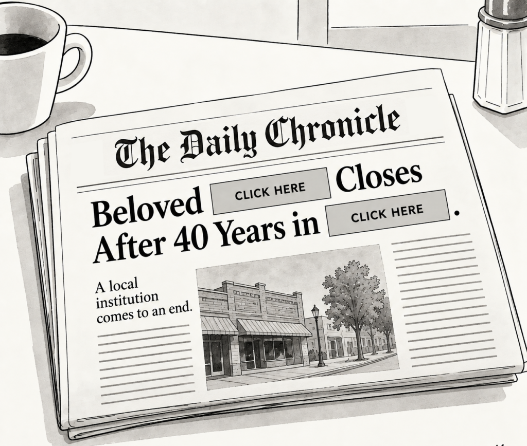 Black-and-white editorial cartoon of a newspaper with a headline that withholds key details behind “CLICK HERE” boxes, satirizing news media vaguebooking and clickbait.