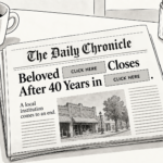 Black-and-white editorial cartoon of a newspaper with a headline that withholds key details behind “CLICK HERE” boxes, satirizing news media vaguebooking and clickbait.