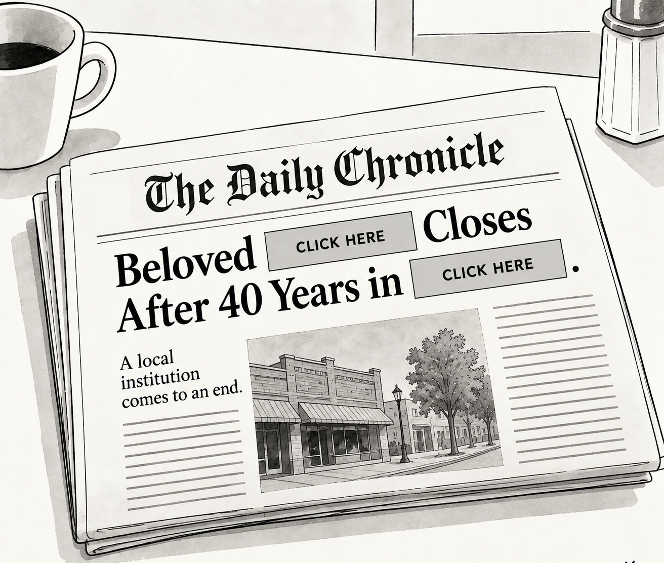 Black-and-white editorial cartoon of a newspaper with a headline that withholds key details behind “CLICK HERE” boxes, satirizing news media vaguebooking and clickbait.